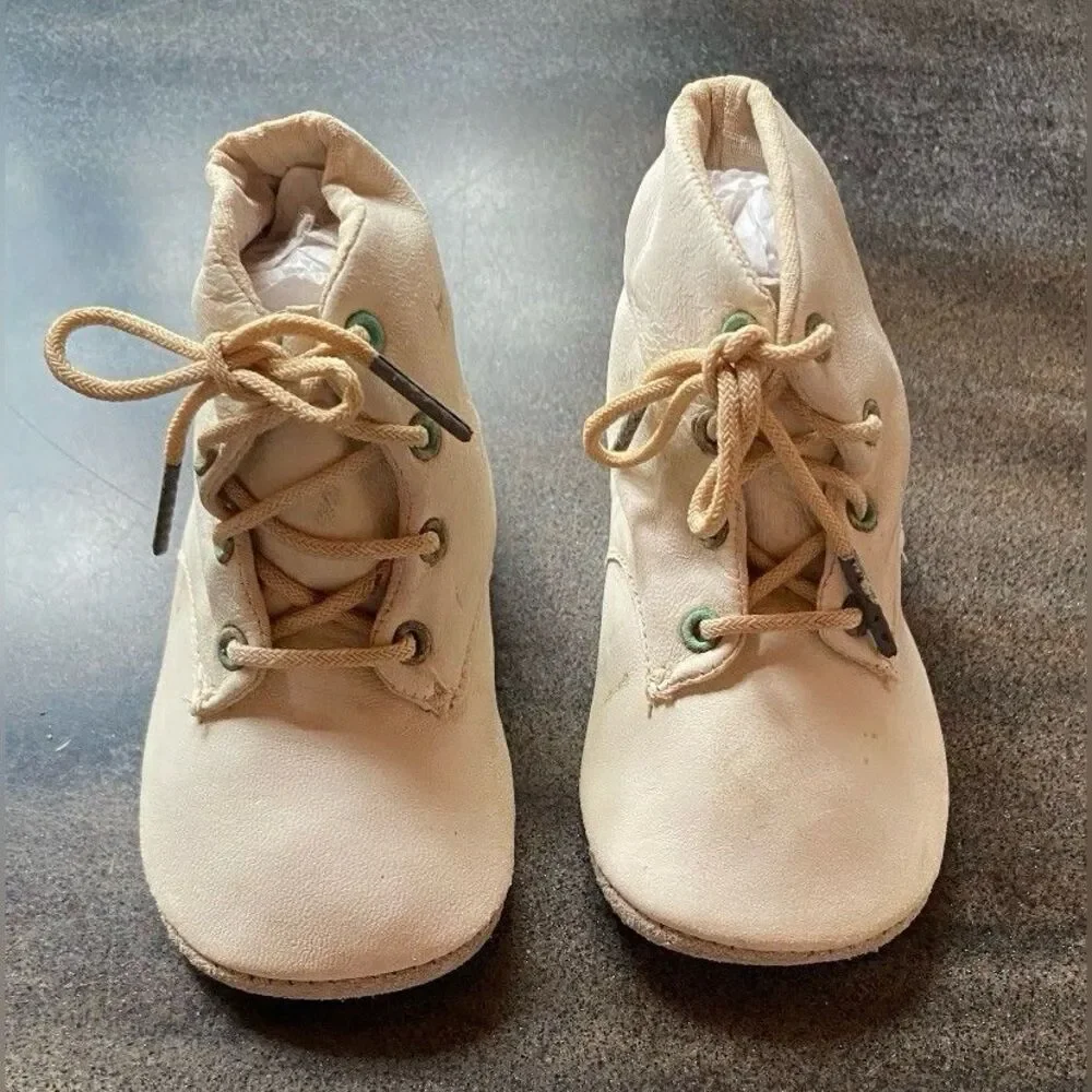 Antique Vintage Baby Girl Shoes White Leather Tie Up 4”